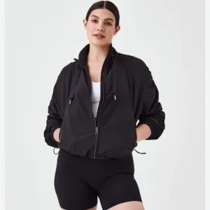 SPANX Women’s Organza Windbreaker Black Full Zip Ruched Sleeves Bomber- Size M