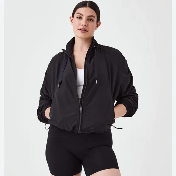 SPANX Women’s Organza Windbreaker Black Full Zip Ruched Sleeves Bomber- Size M