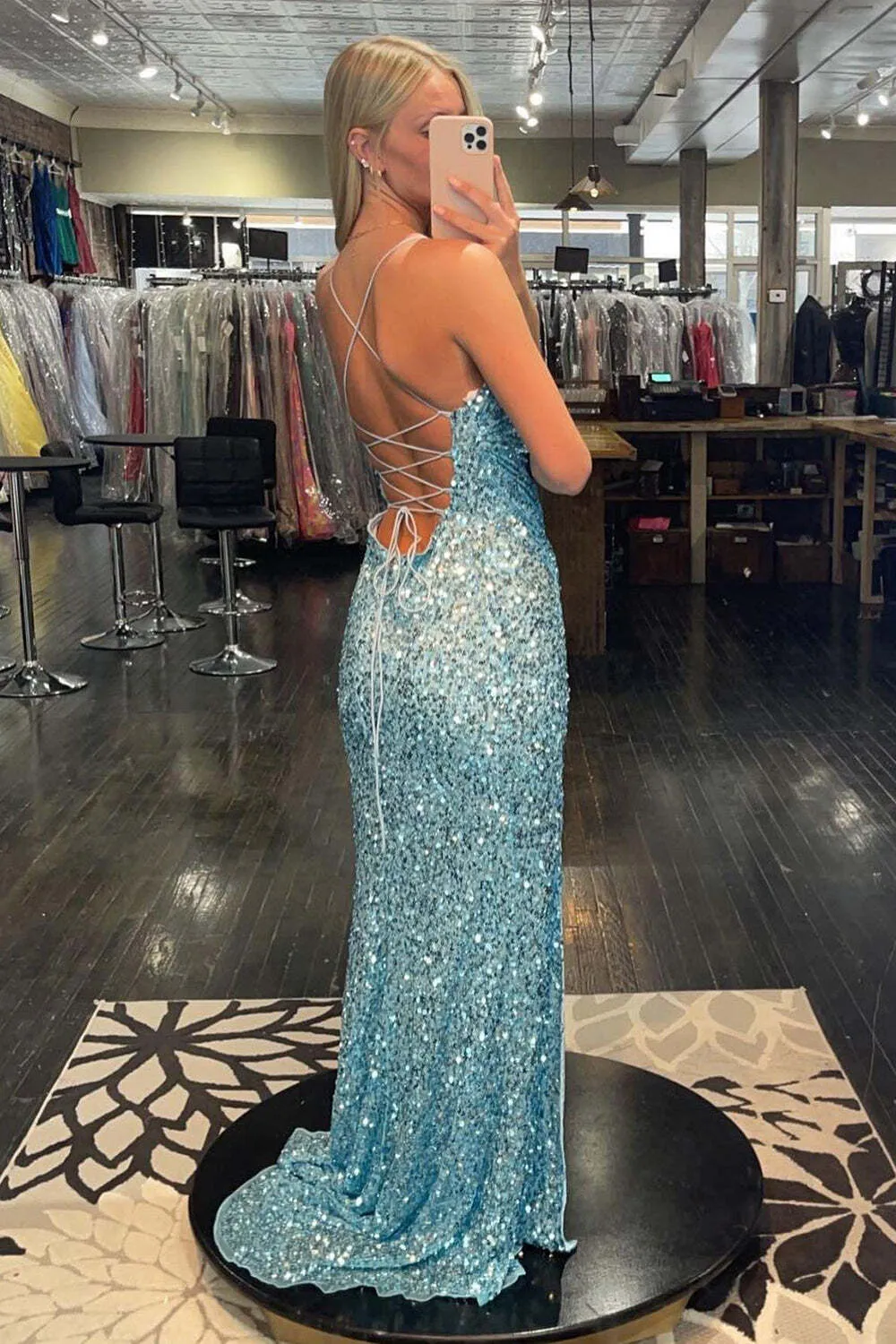 Sparkle Blue Sequin Mermaid Long Formal Dress with Slit