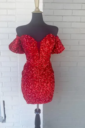 Sparkle Red Sequin Off the Shoulder Bodycon Mini Party Dress