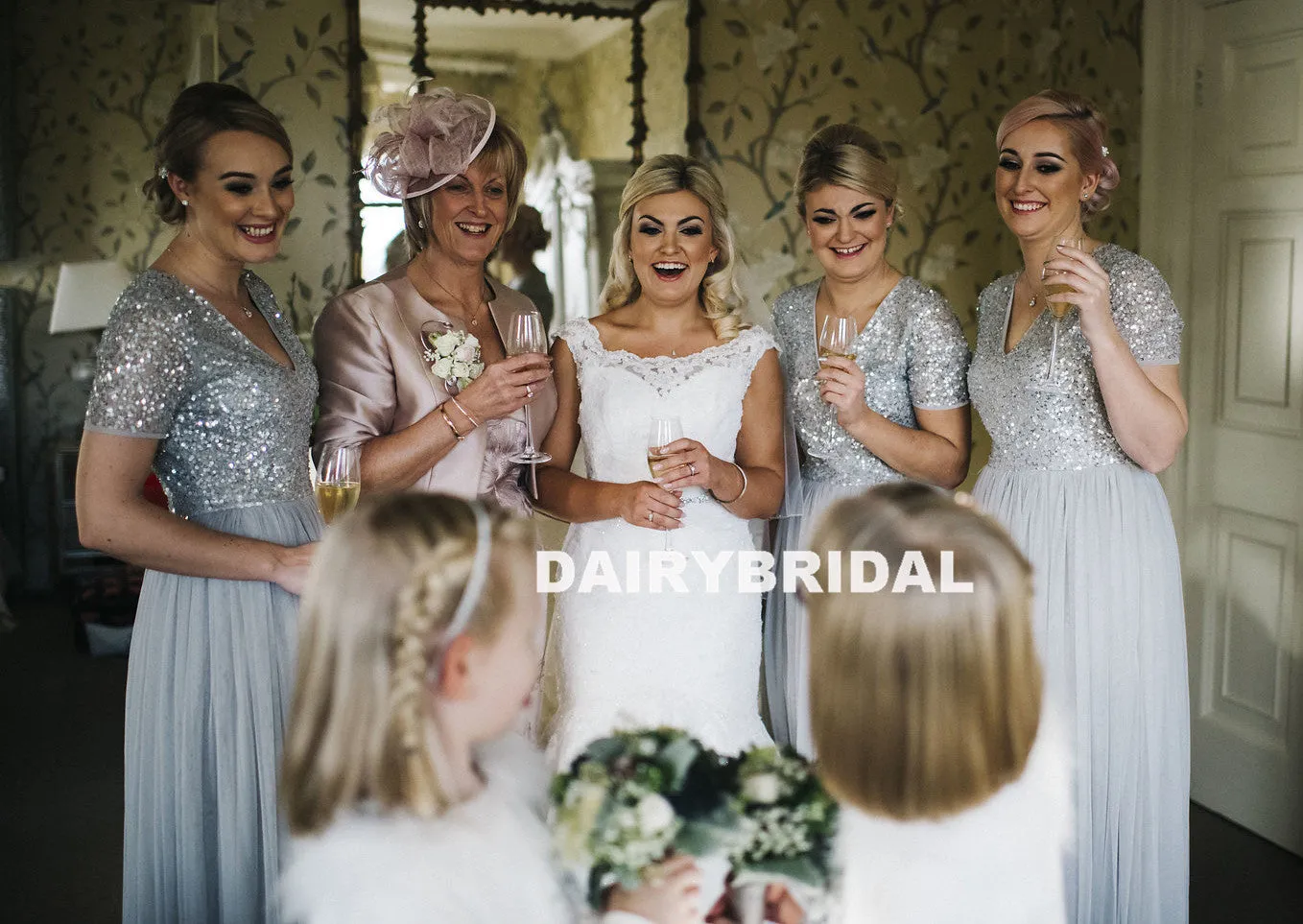 Sparkle Sequin Top V-Neck Short Sleeve Tulle A-Line Charming Long Bridesmaid Dresses, D1124