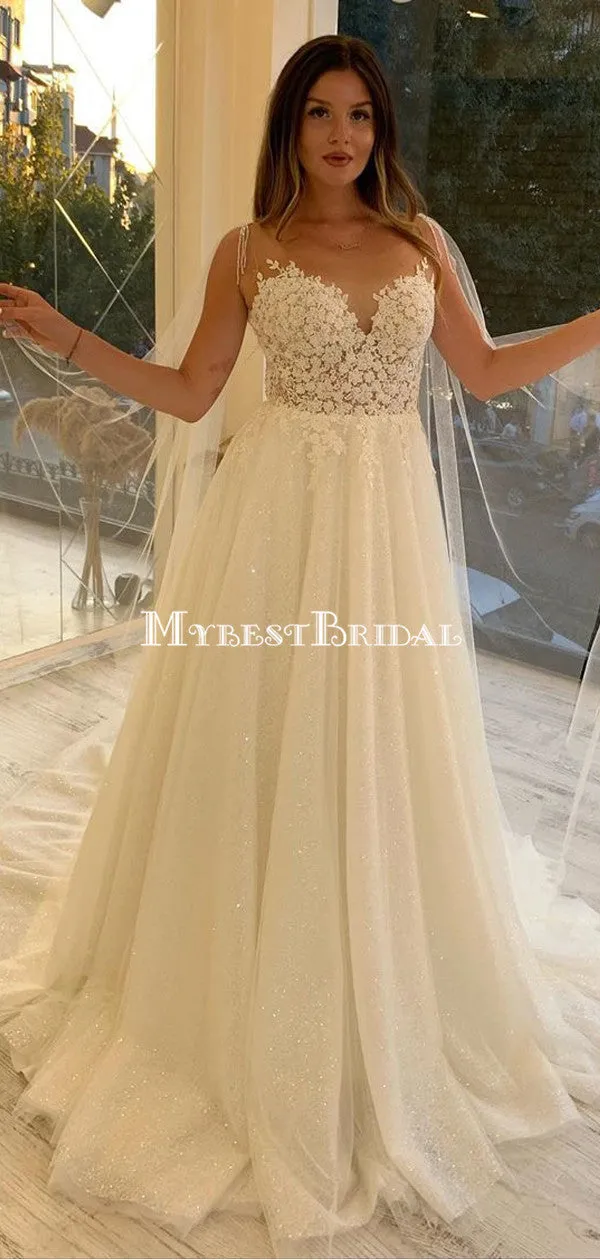 Sparkly Ivory Sequin Lace Appliqued A-line Long Cheap Wedding Dresses, WDS0052