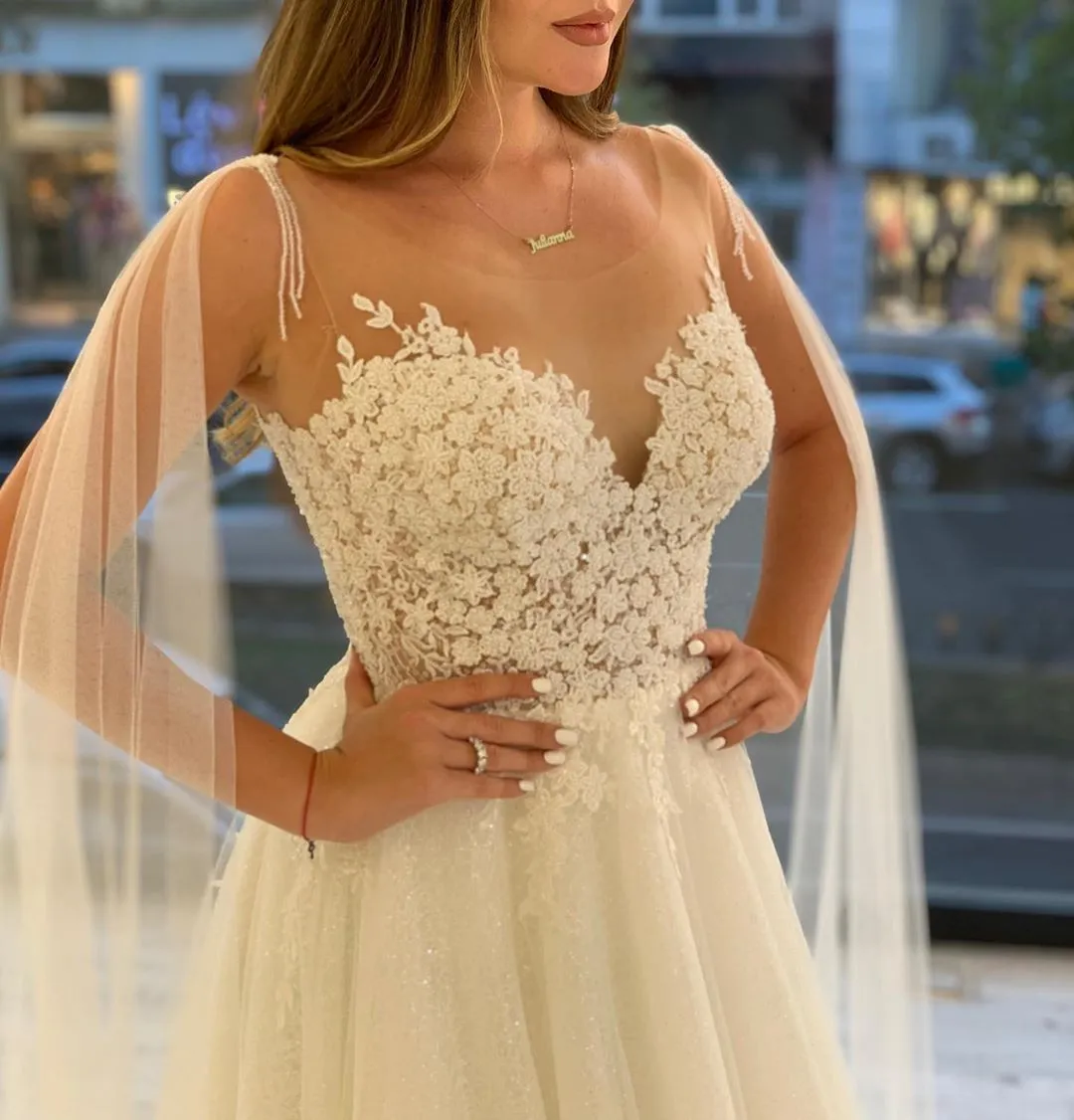 Sparkly Ivory Sequin Lace Appliqued A-line Long Cheap Wedding Dresses, WDS0052