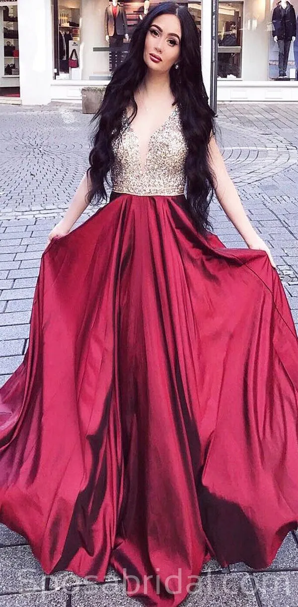 Sparkly Modest Gorgeous Sleeveless A-Line Beaded Burgundy Long Prom Dresses, PD1385