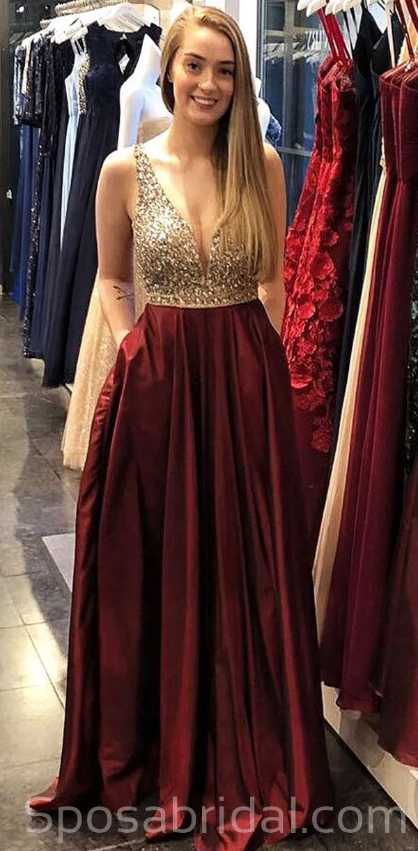 Sparkly Modest Gorgeous Sleeveless A-Line Beaded Burgundy Long Prom Dresses, PD1385