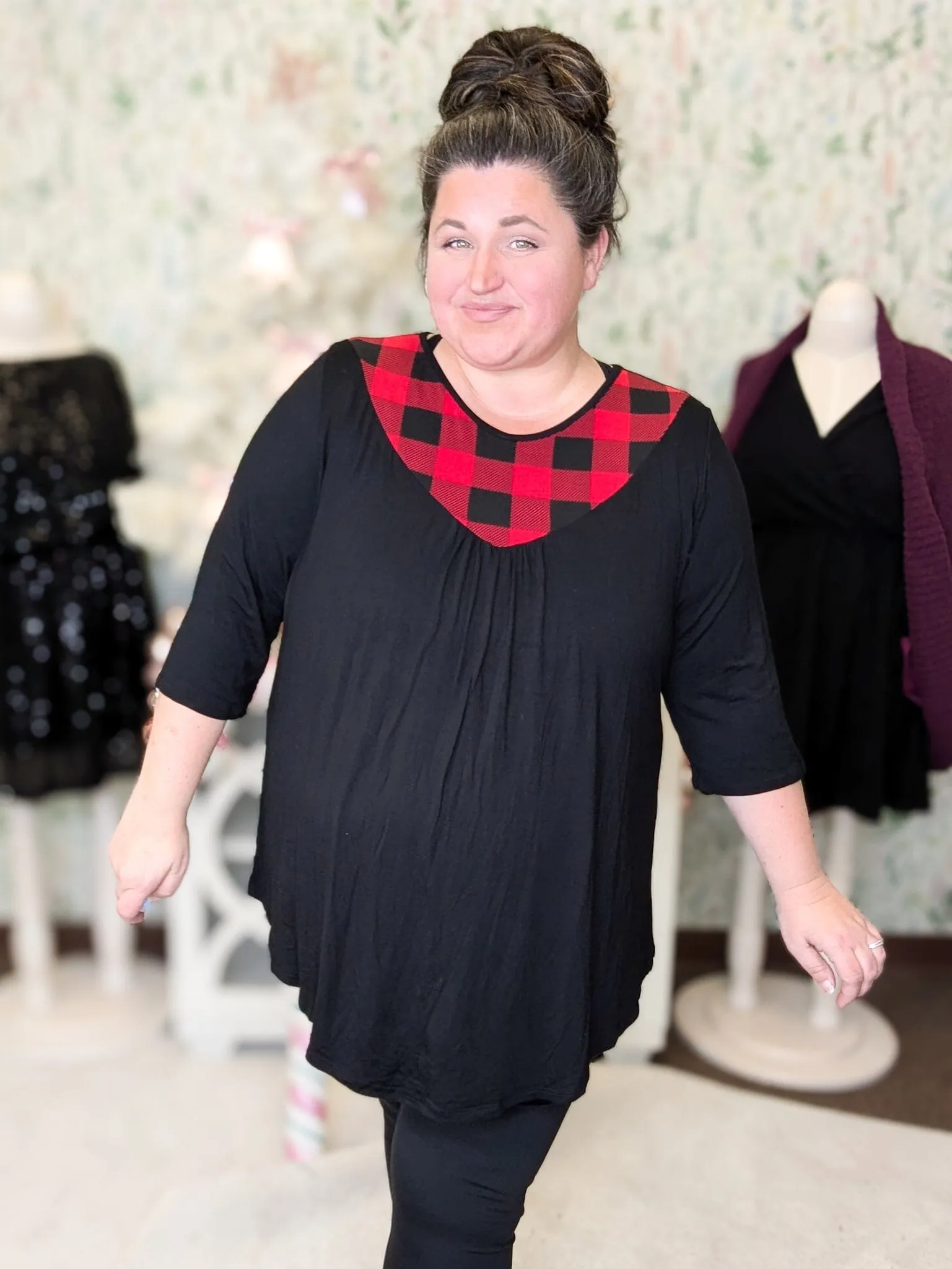 Stephanie Black Tunic w/Buffalo Plaid Chest Accent
