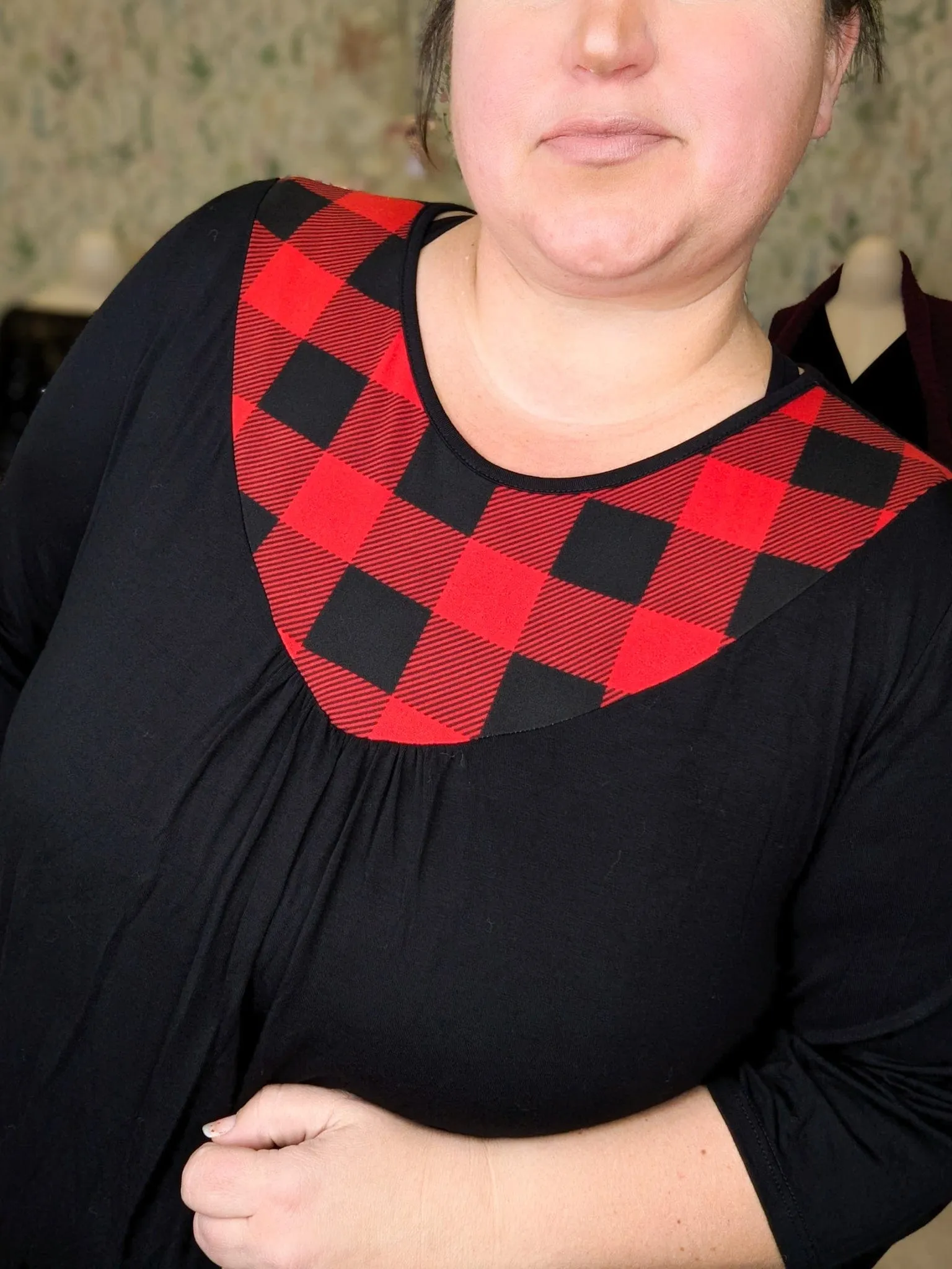 Stephanie Black Tunic w/Buffalo Plaid Chest Accent