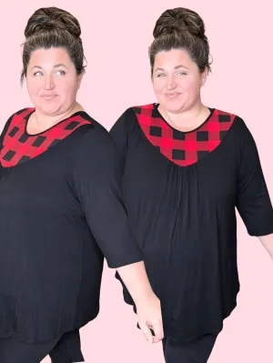 Stephanie Black Tunic w/Buffalo Plaid Chest Accent