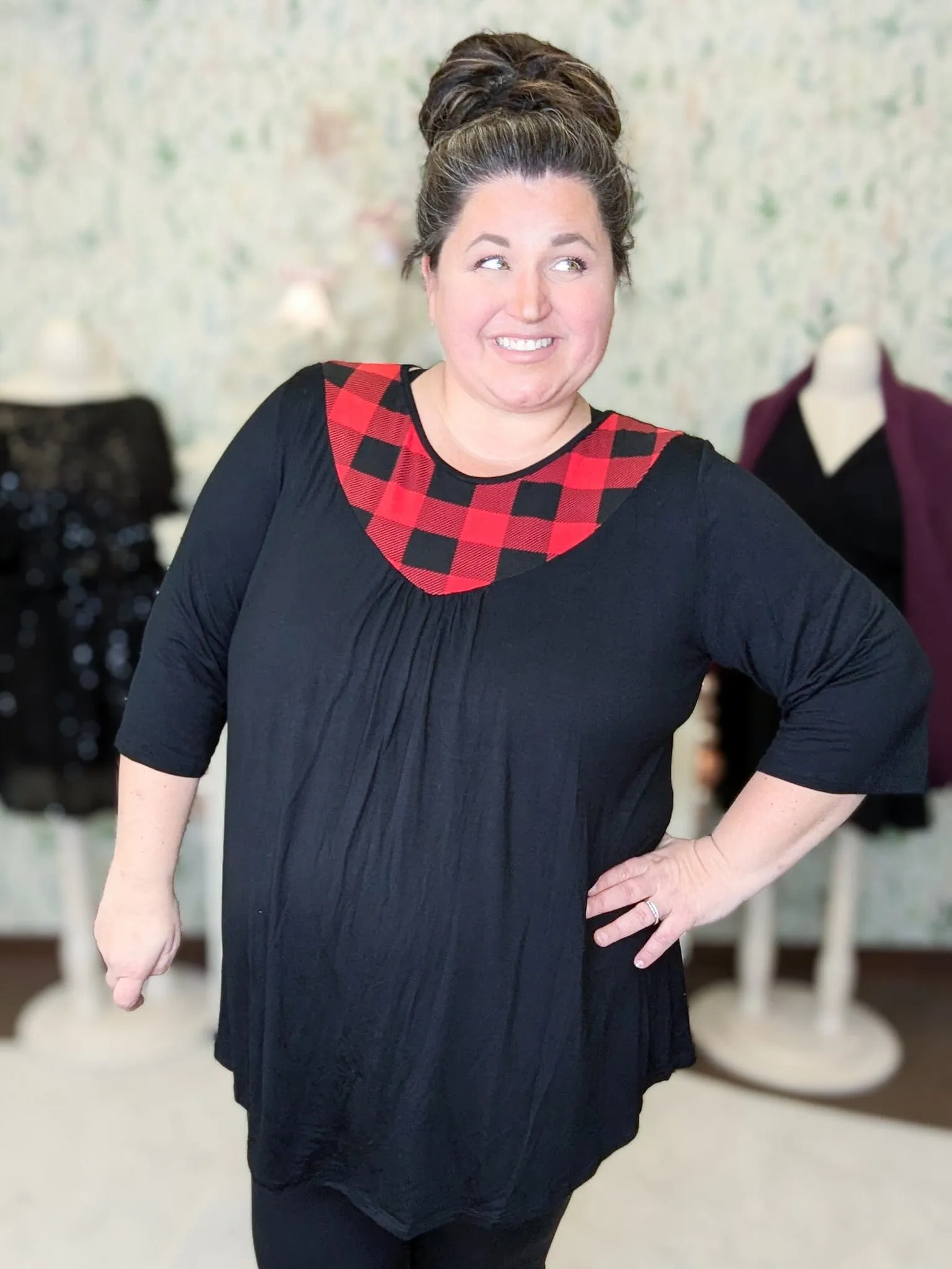 Stephanie Black Tunic w/Buffalo Plaid Chest Accent