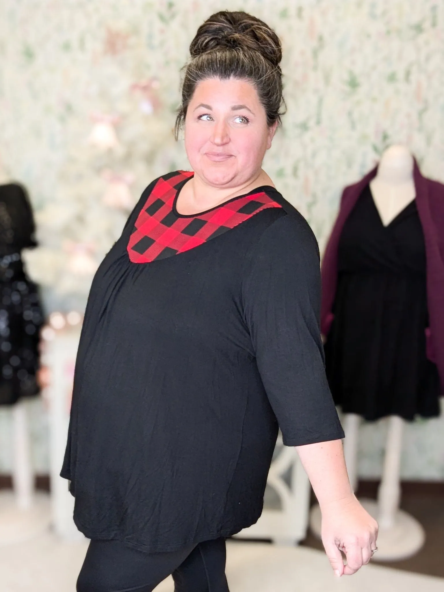 Stephanie Black Tunic w/Buffalo Plaid Chest Accent