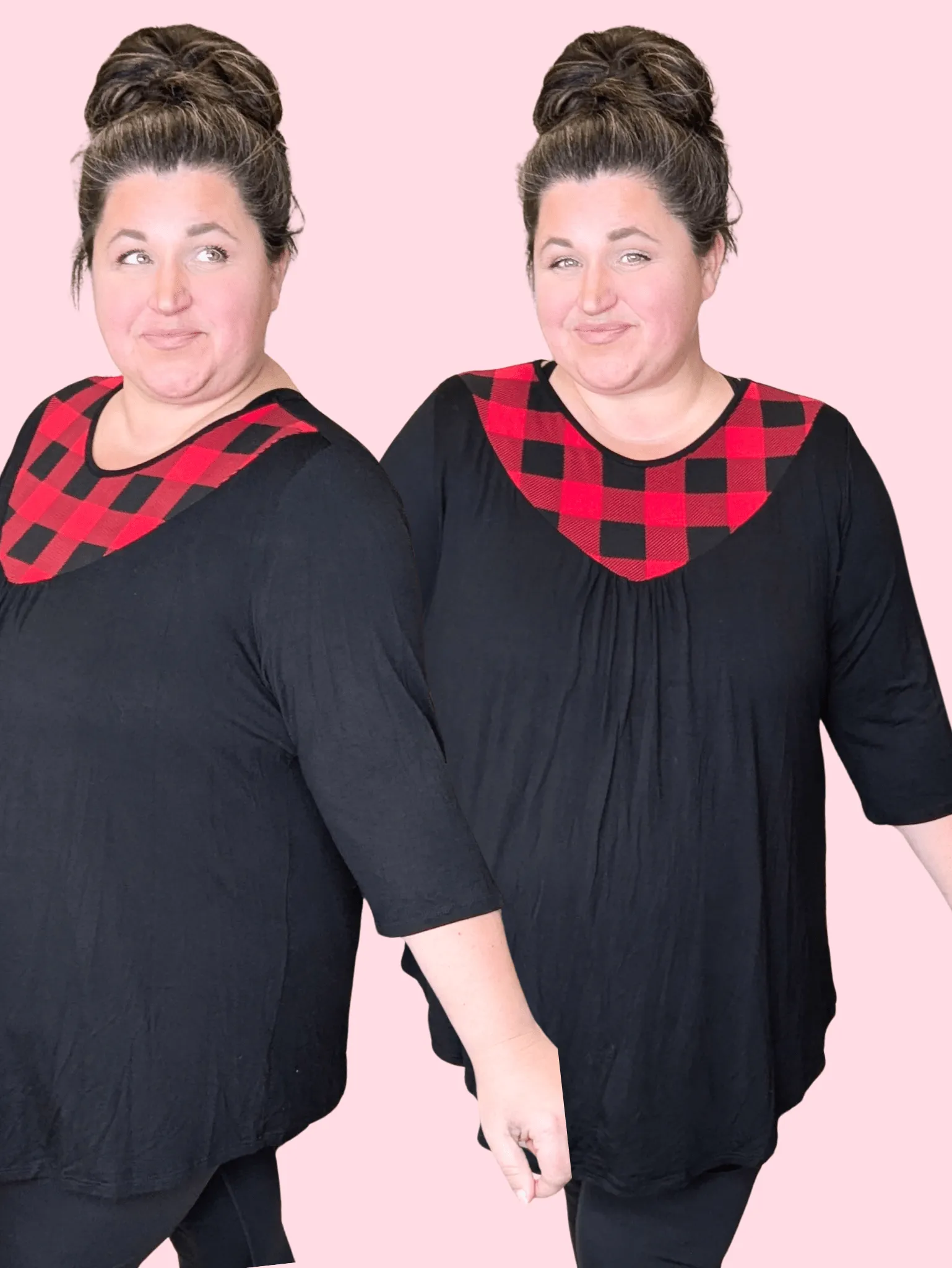 Stephanie Black Tunic w/Buffalo Plaid Chest Accent