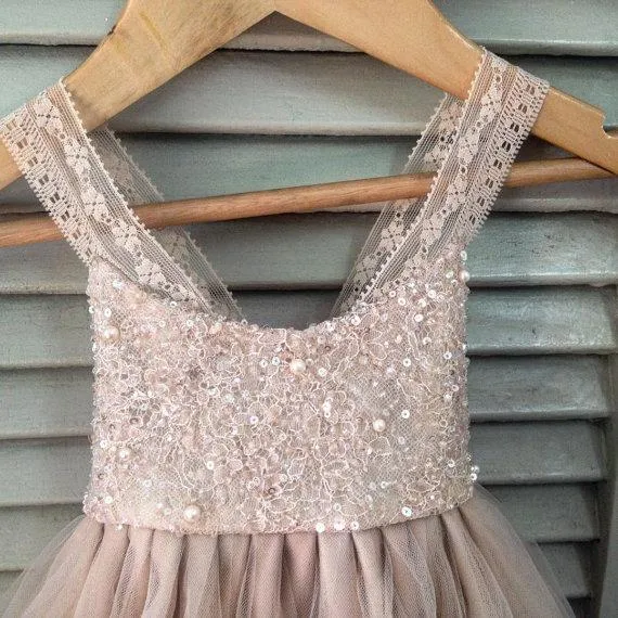 Strap Beaded Sequin Top Tulle A-line Flower Girl Dresses, Lovely Little girl Dresses, TYP1120