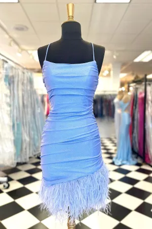 Straps Blue Tight Mini Dress with Feathers
