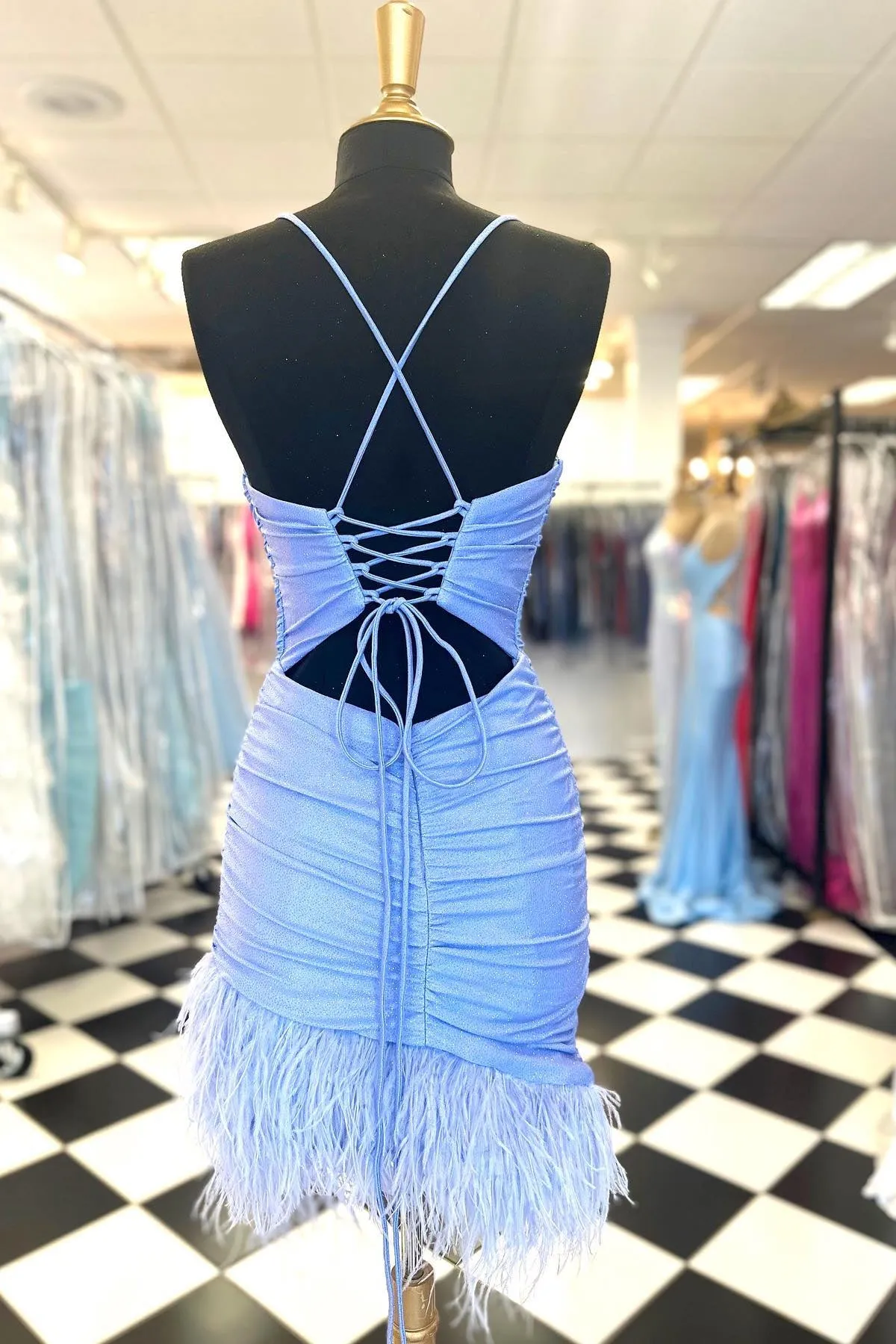 Straps Blue Tight Mini Dress with Feathers