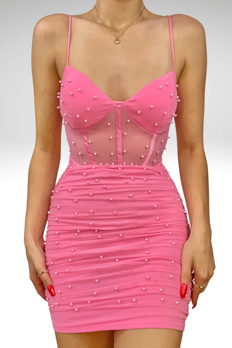 Straps Pink Corset Tight Mini Dress with Pearls