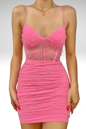 Straps Pink Corset Tight Mini Dress with Pearls