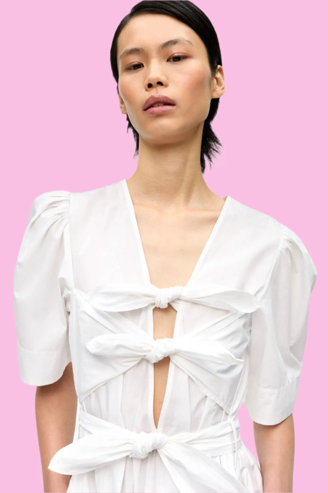 STRETCH COTTON TIE STRAP MIDI DRESS | WHITE