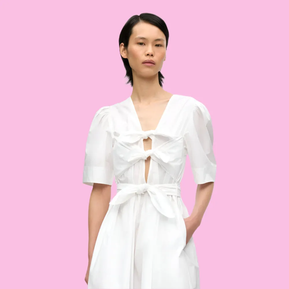 STRETCH COTTON TIE STRAP MIDI DRESS | WHITE