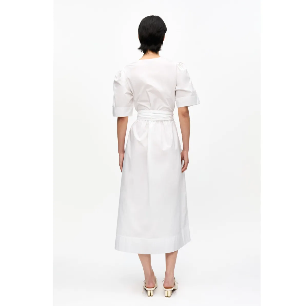 STRETCH COTTON TIE STRAP MIDI DRESS | WHITE