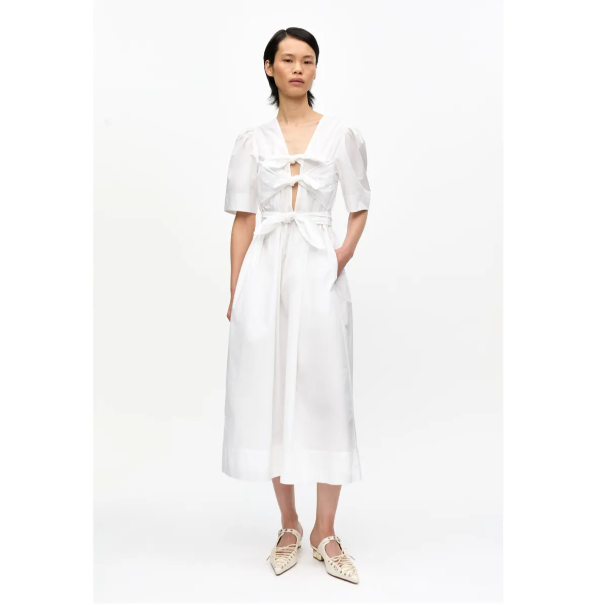 STRETCH COTTON TIE STRAP MIDI DRESS | WHITE