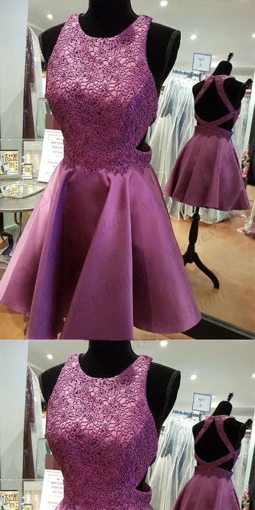 Stunning Purple Lace Applique Homecoming Dresses With Beading,Short Prom Dresses,BDY0166