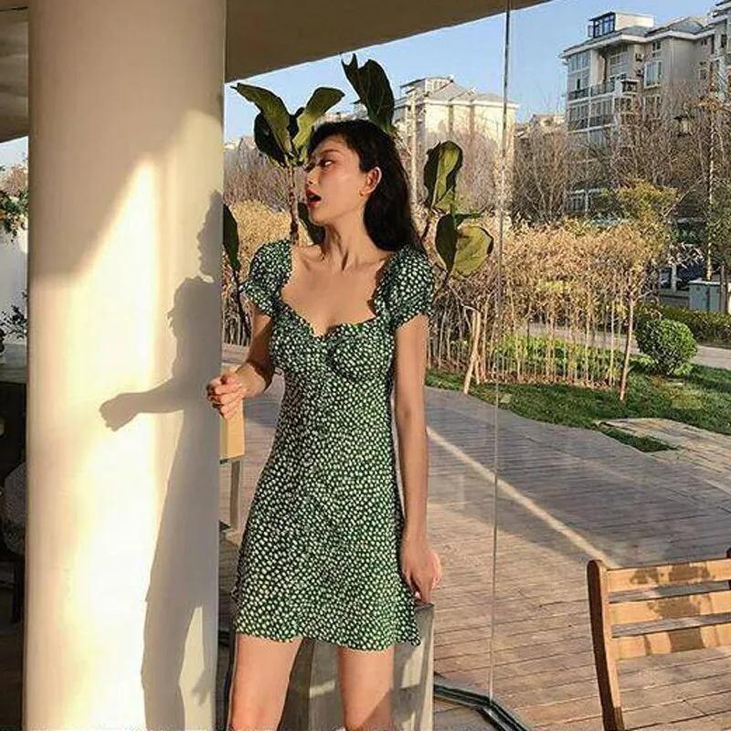 Summer Boho Vintage Green Floral Sexy Dress Beach Off Shoulder Ruffle Bohemian Dress Lady Casual Vestidos