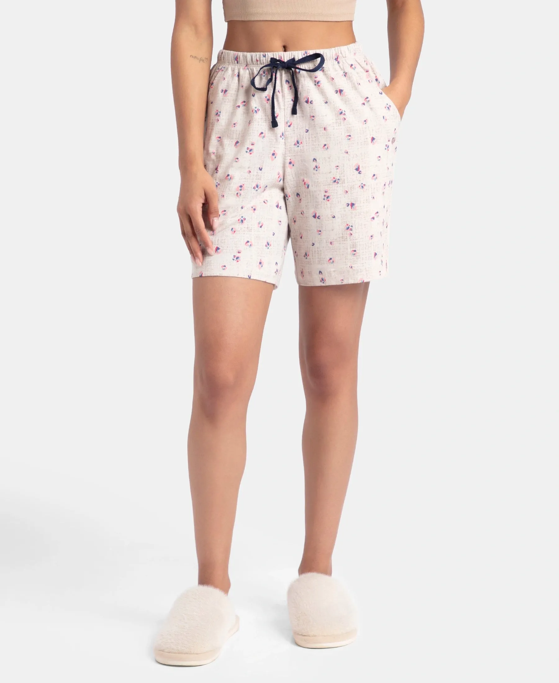 Super Combed Cotton Relaxed Fit Printed Sleep Shorts with Side Pockets - Vapour Blue