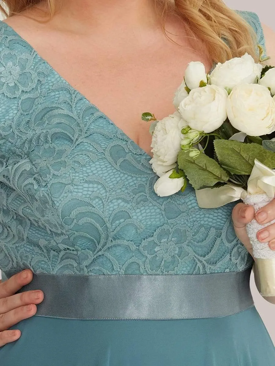 Superbe Robe mariage invitée en dentelle et en mousseline de soie à col en V de grande taille