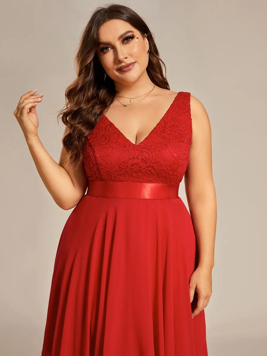 Superbe Robe mariage invitée en dentelle et en mousseline de soie à col en V de grande taille