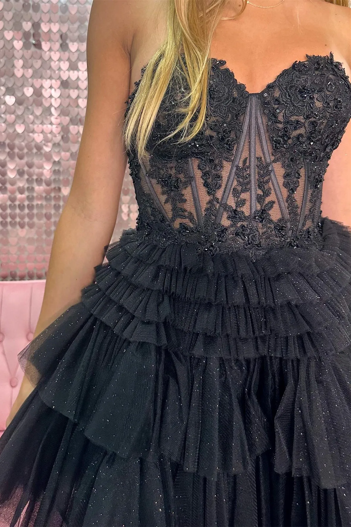 Sweetheart Fuchsia Appliques Tiered Ruffle Homecoming Dress