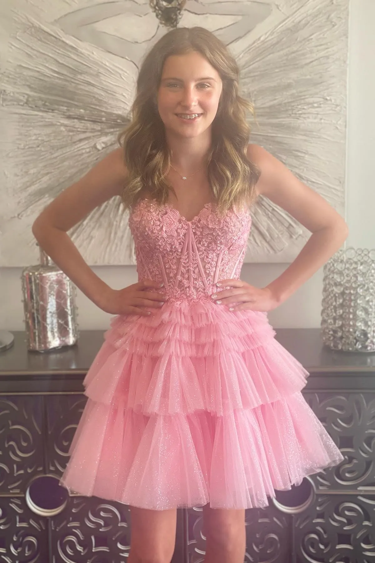 Sweetheart Fuchsia Appliques Tiered Ruffle Homecoming Dress