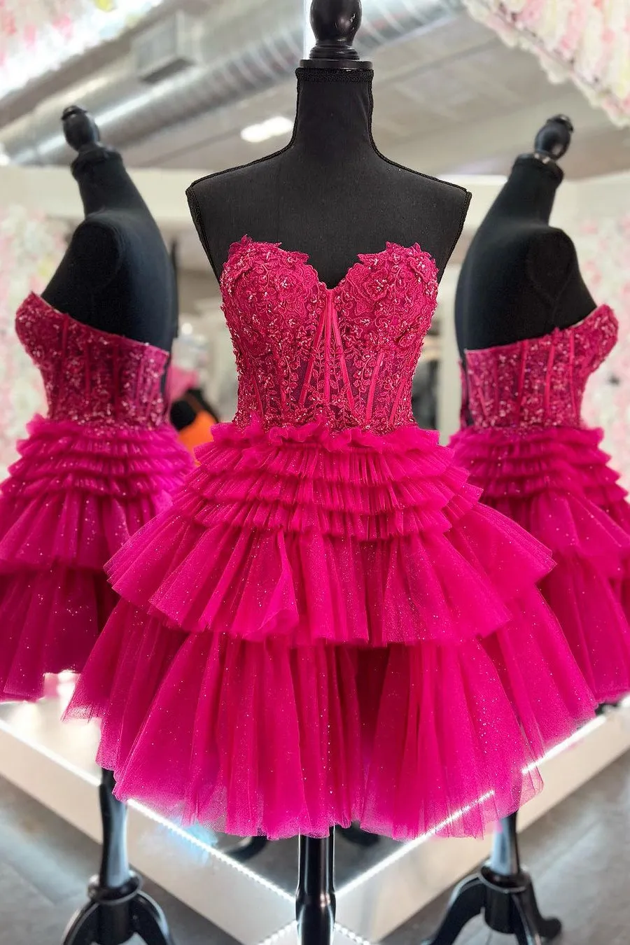 Sweetheart Fuchsia Appliques Tiered Ruffle Homecoming Dress