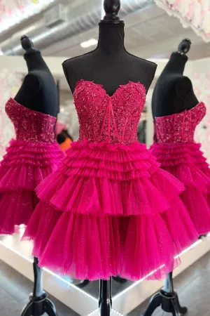 Sweetheart Fuchsia Appliques Tiered Ruffle Homecoming Dress