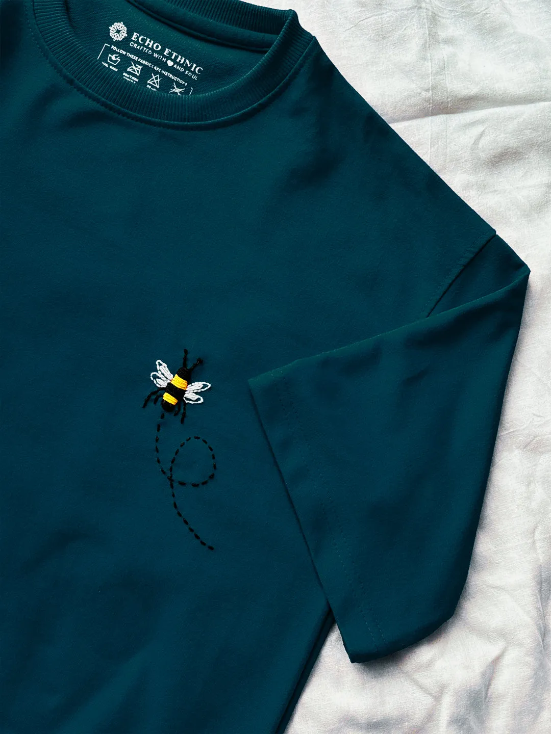 Teal Blue - Unisex Hand Embroidered Oversize T-Shirt