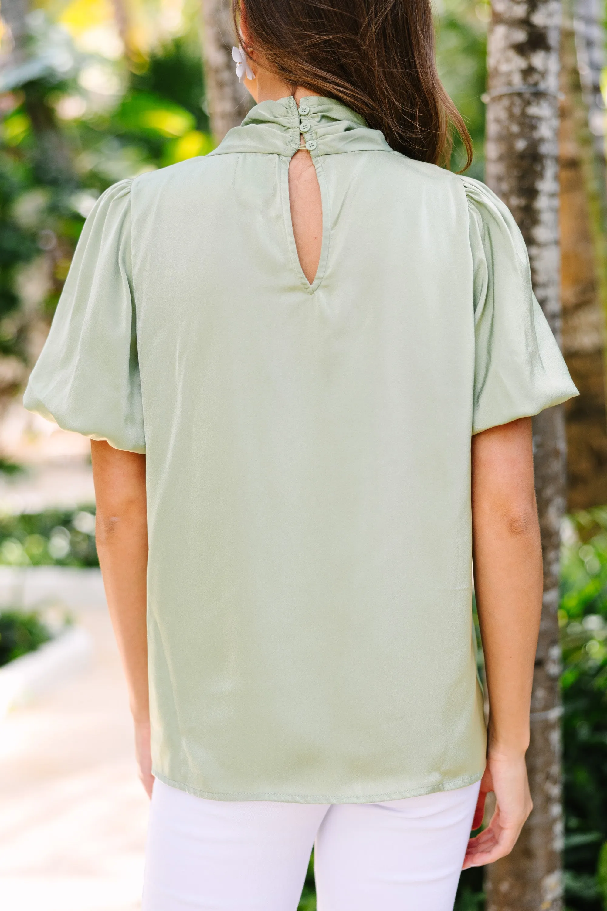 Tell Me More Sage Green Satin Blouse