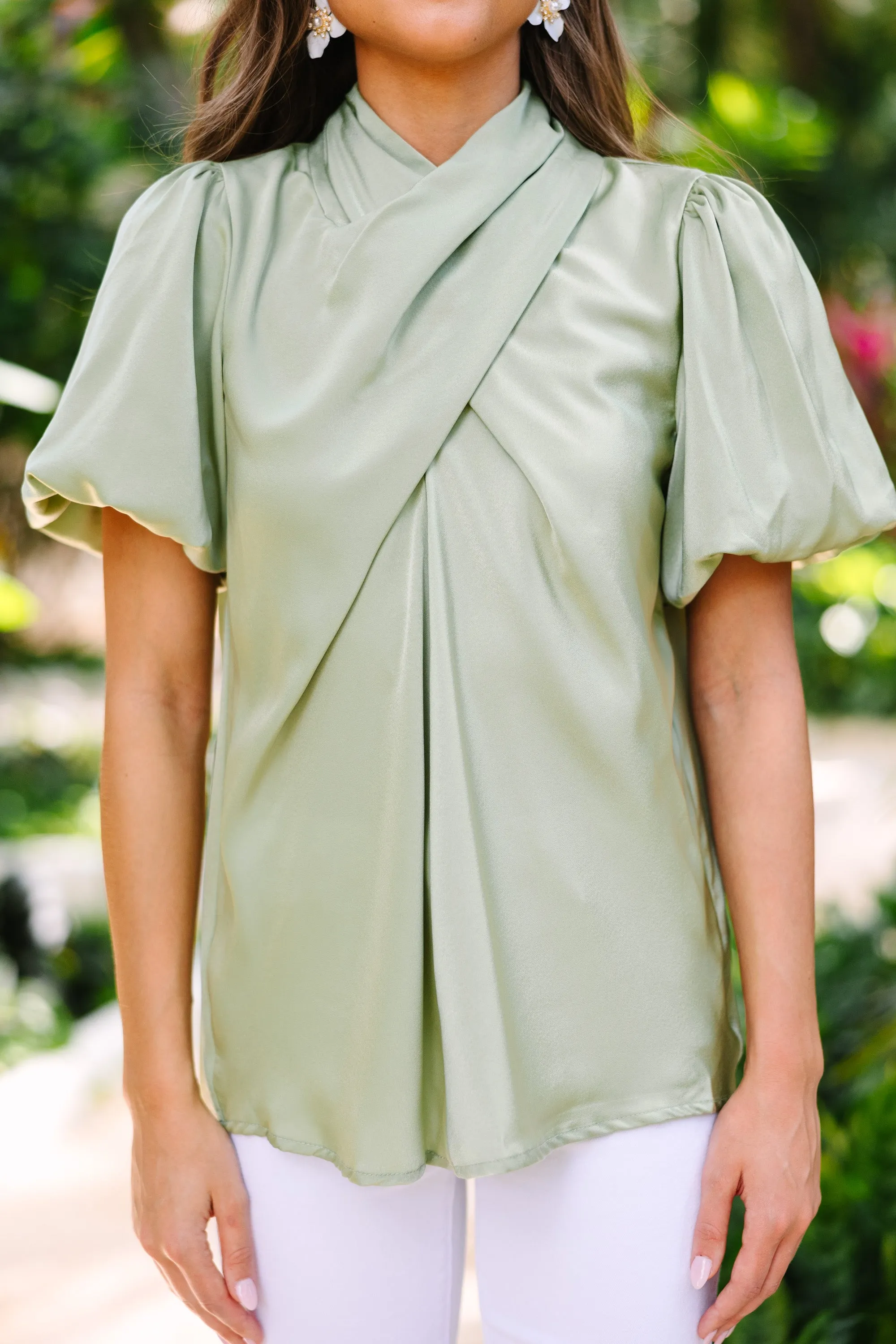 Tell Me More Sage Green Satin Blouse