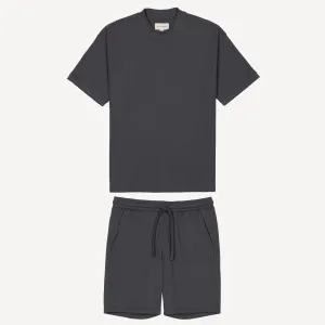 Thermal Waffle Knit Tee & Shorts Set - Medium Grey