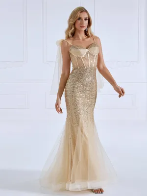Tie Straps Champagne Sequins Mermaid Gown Prom Dress #18082