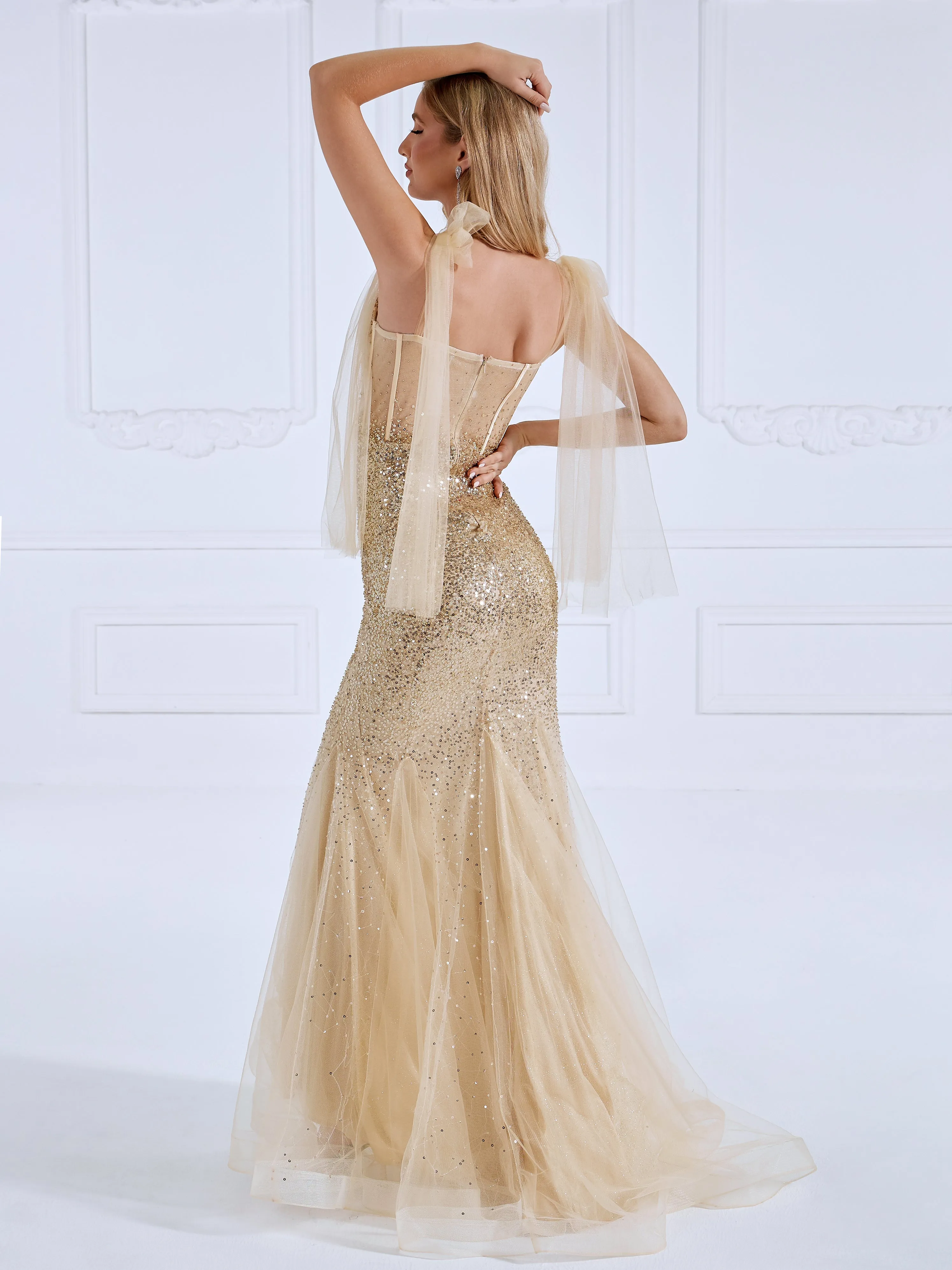 Tie Straps Champagne Sequins Mermaid Gown Prom Dress #18082