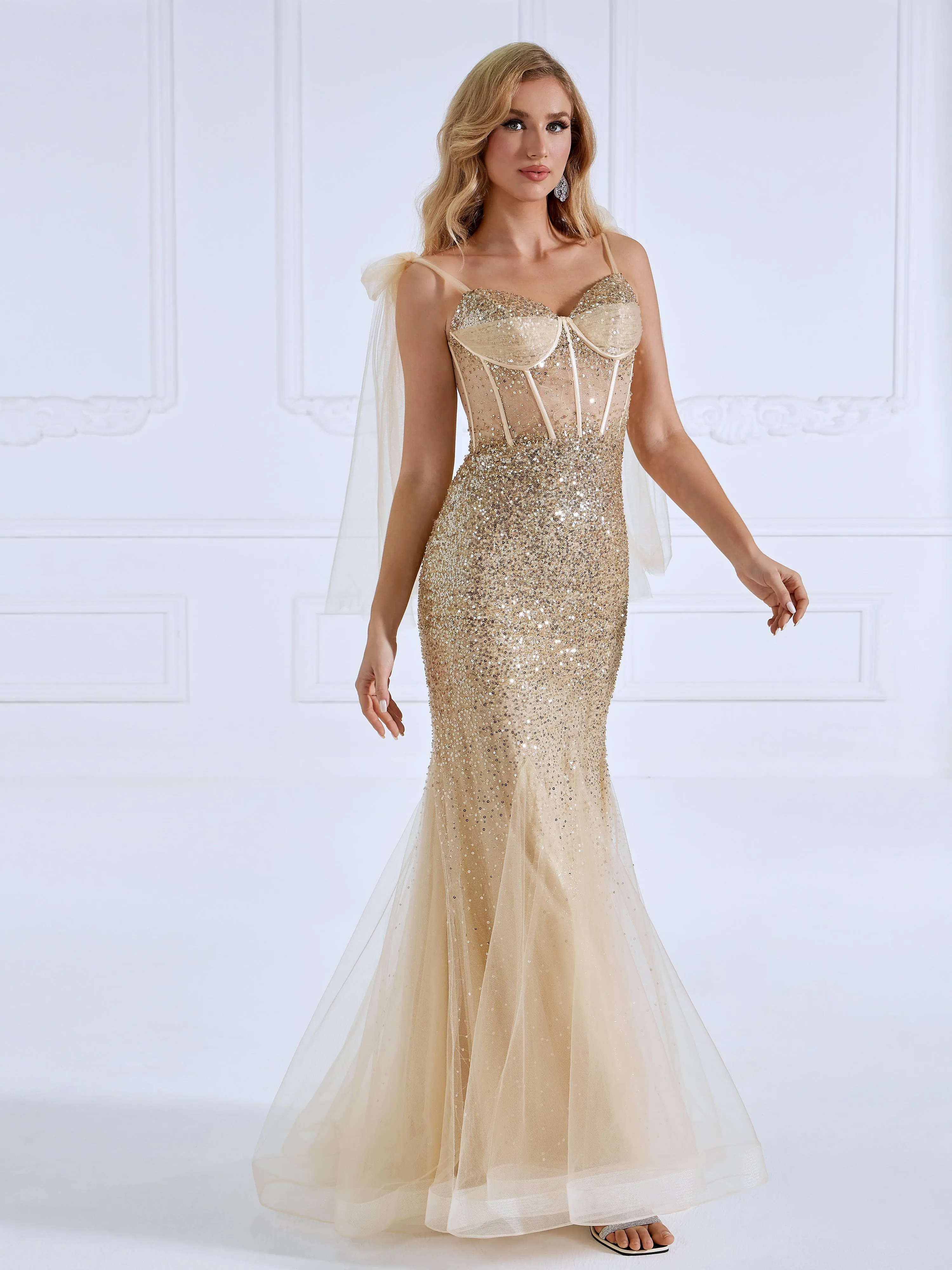 Tie Straps Champagne Sequins Mermaid Gown Prom Dress #18082