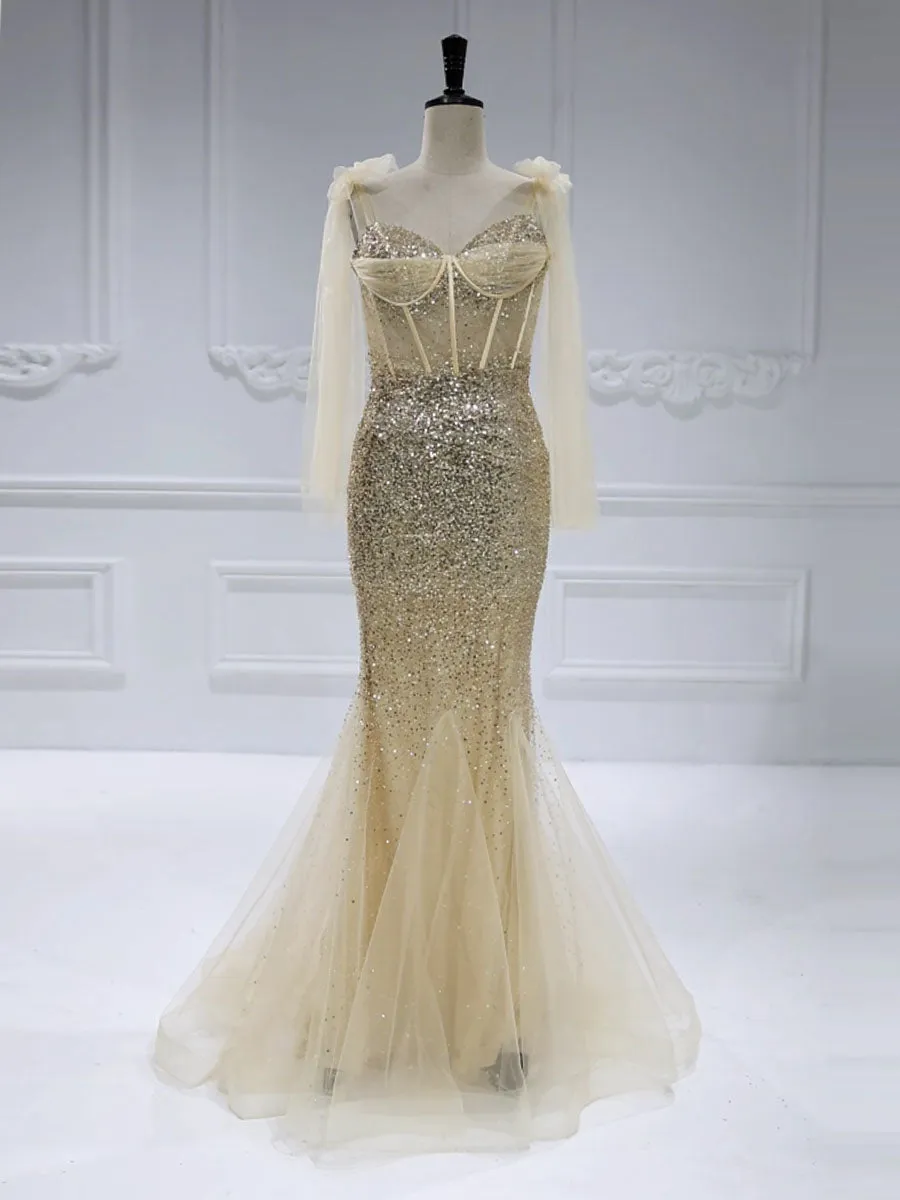 Tie Straps Champagne Sequins Mermaid Gown Prom Dress #18082