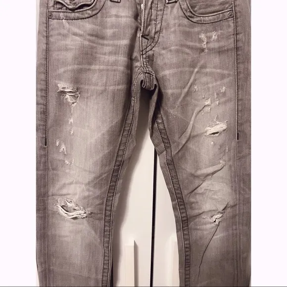 True Religion Light Gray Denim Jeans Distressed Straight Leg