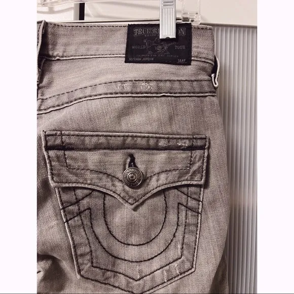 True Religion Light Gray Denim Jeans Distressed Straight Leg