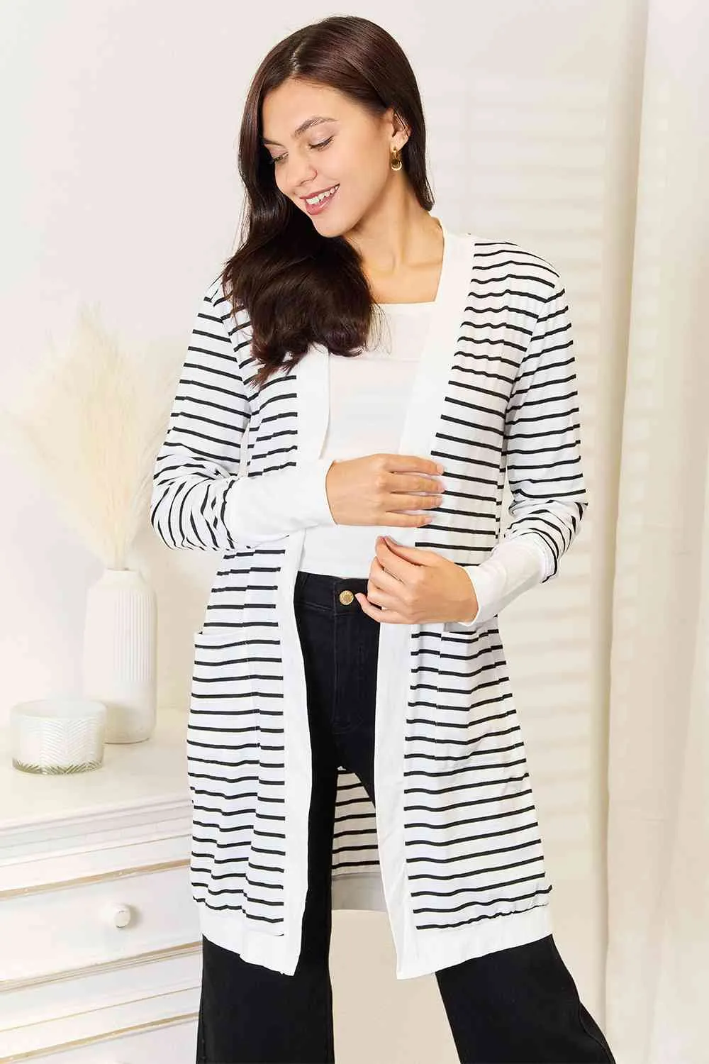Tula Double Take Striped Open Front Longline Cardigan
