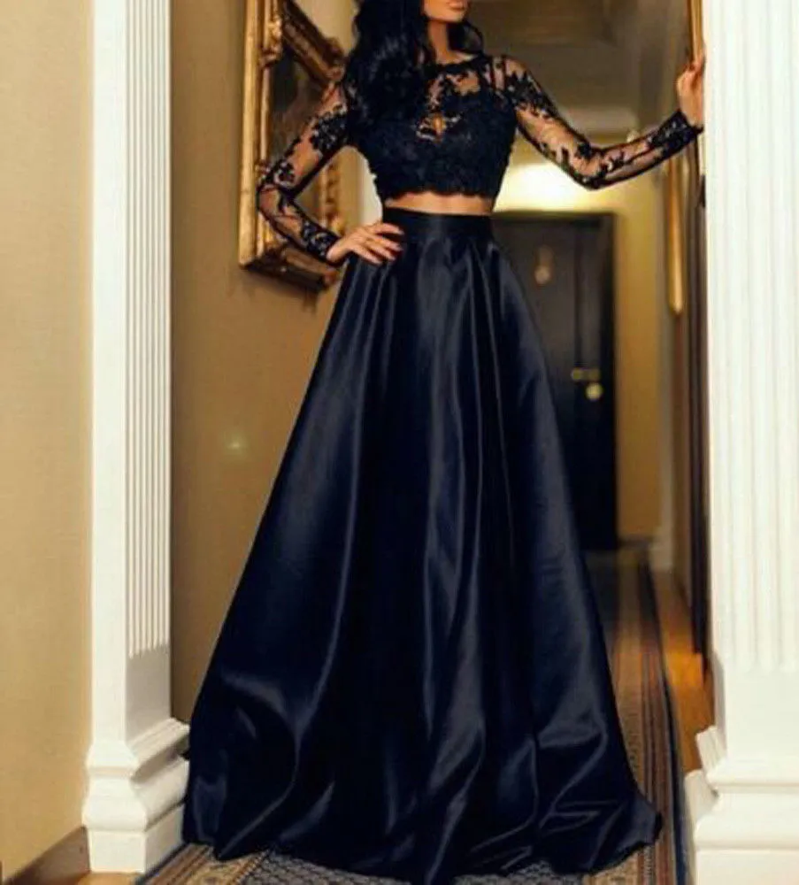 Two Piece Prom Dresses with Full Sleeve Sexy Lace Satin Long Prom Gowns with Lace Appliques