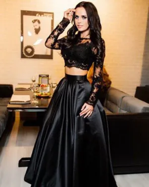 Two Piece Prom Dresses with Full Sleeve Sexy Lace Satin Long Prom Gowns with Lace Appliques