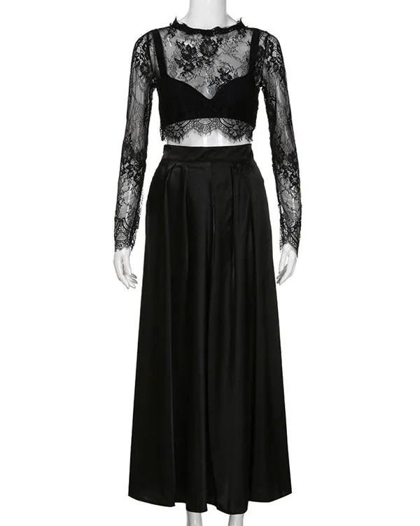 Two Piece Prom Dresses with Full Sleeve Sexy Lace Satin Long Prom Gowns with Lace Appliques