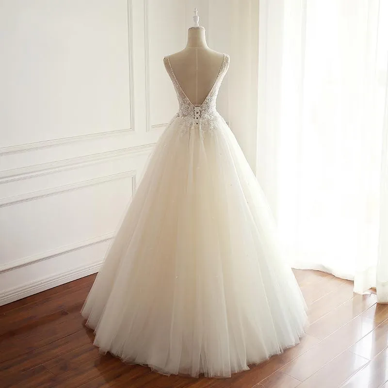V Neck A-line Lace Long Custom Cheap Wedding Bridal Dresses, WDY0170