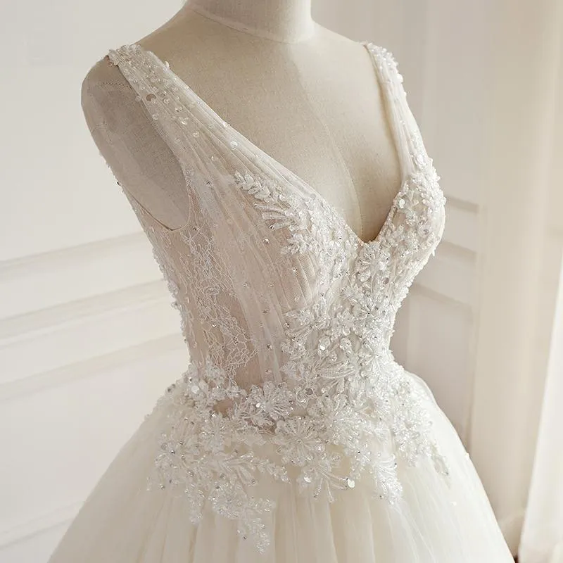 V Neck A-line Lace Long Custom Cheap Wedding Bridal Dresses, WDY0170