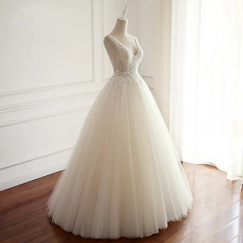 V Neck A-line Lace Long Custom Cheap Wedding Bridal Dresses, WDY0170